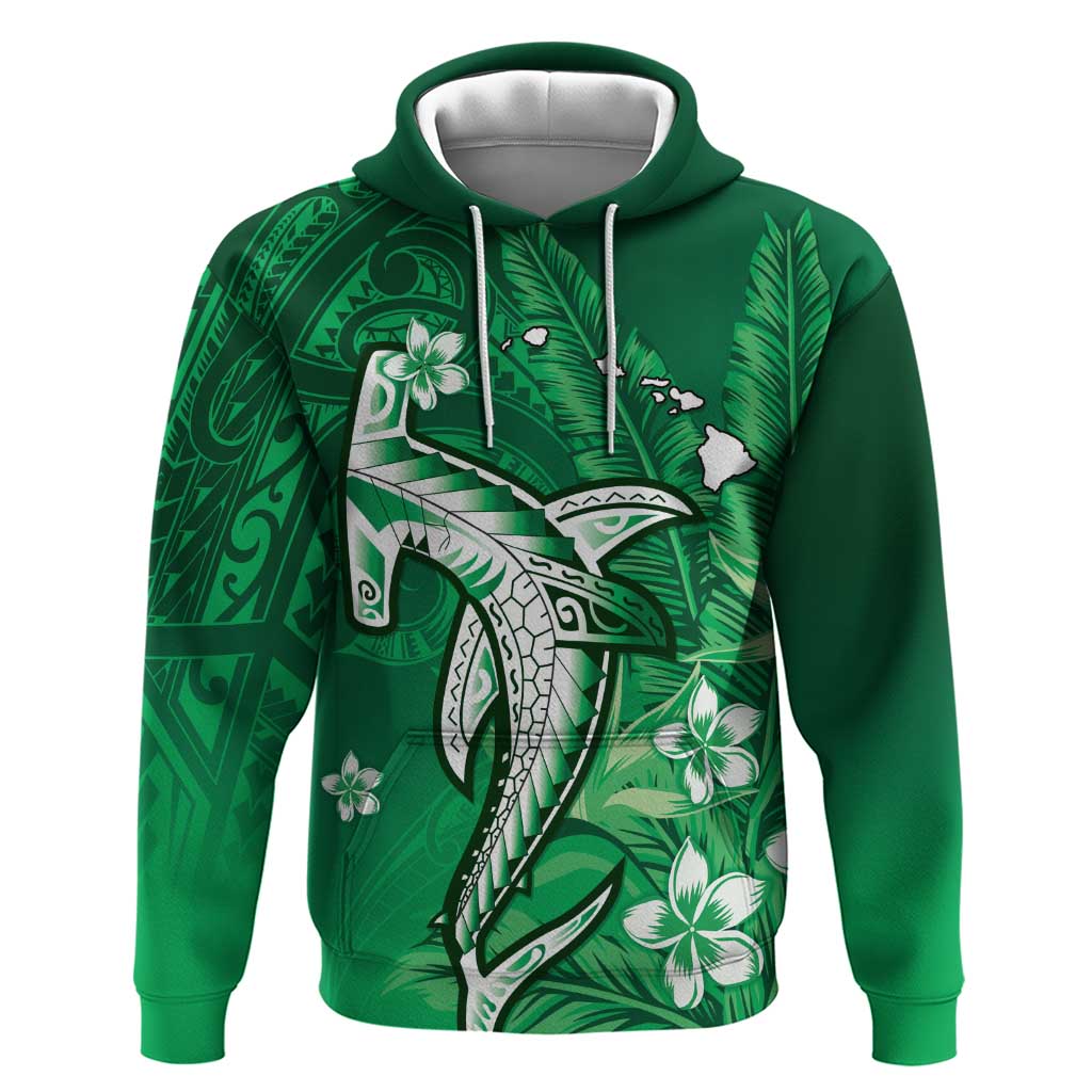 Personalized Hawaiian Maori Hammerhead Shark Hoodie Omaomao Plumeria LT9 Pullover Hoodie Green - Polynesian Pride