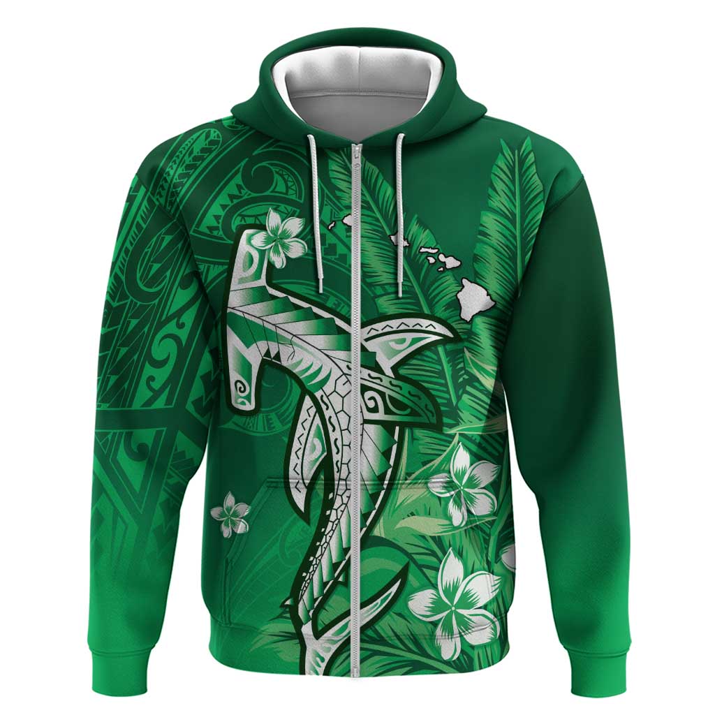 Personalized Hawaiian Maori Hammerhead Shark Hoodie Omaomao Plumeria LT9 Zip Hoodie Green - Polynesian Pride