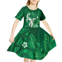 Personalized Hawaiian Maori Hammerhead Shark Kid Short Sleeve Dress Omaomao Plumeria - Polynesian Pride