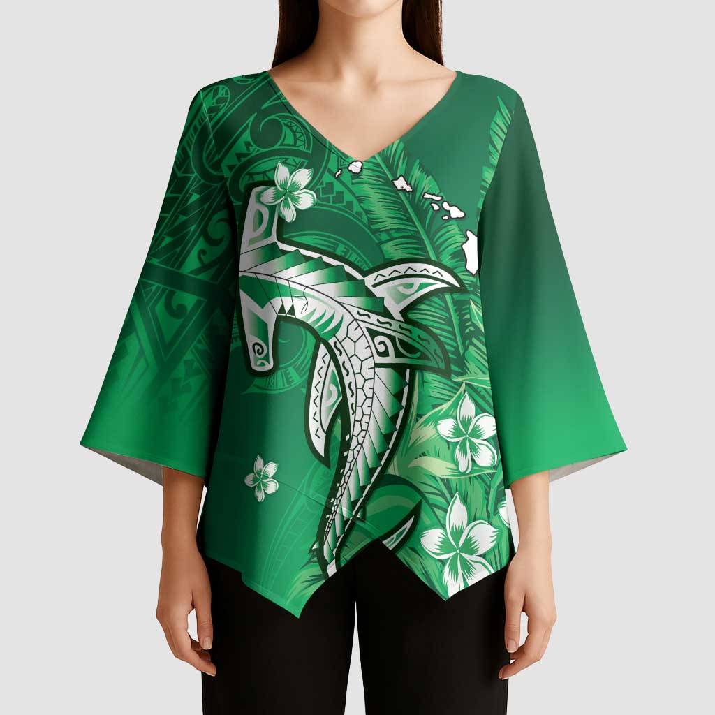 Personalized Hawaiian Maori Hammerhead Shark Kimono Sleeve Blouse Omaomao Plumeria - Polynesian Pride