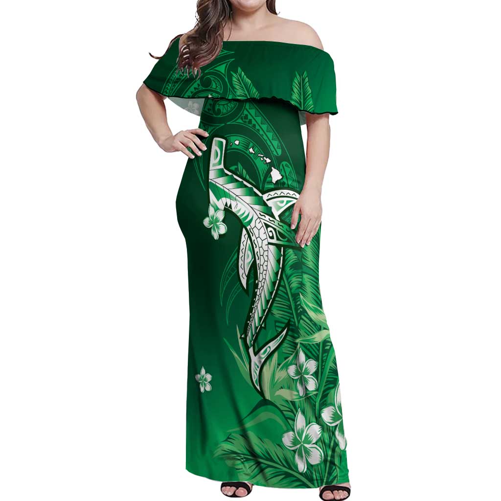 Personalized Hawaiian Maori Hammerhead Shark Off Shoulder Maxi Dress Omaomao Plumeria - Polynesian Pride