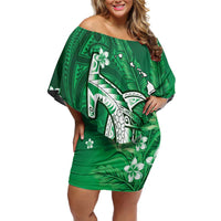 Personalized Hawaiian Maori Hammerhead Shark Off Shoulder Short Dress Omaomao Plumeria LT9 Women Green - Polynesian Pride