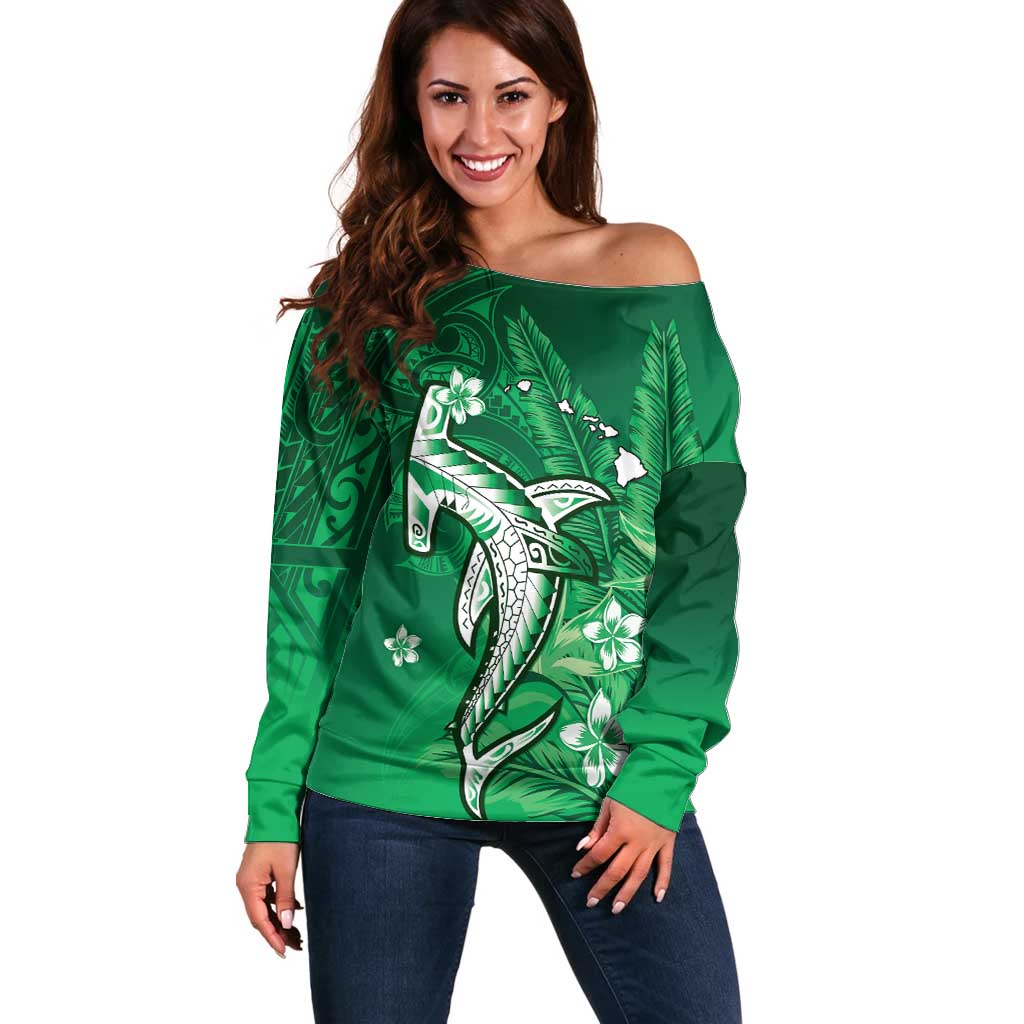 Personalized Hawaiian Maori Hammerhead Shark Off Shoulder Sweater Omaomao Plumeria - Polynesian Pride