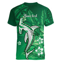 Personalized Hawaiian Maori Hammerhead Shark Women V-Neck T-Shirt Omaomao Plumeria LT9 - Polynesian Pride
