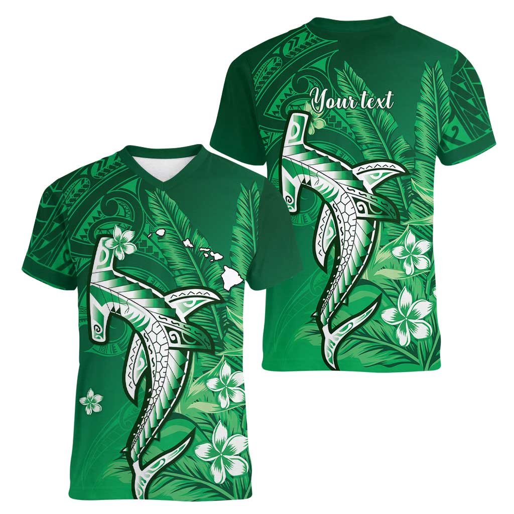 Personalized Hawaiian Maori Hammerhead Shark Women V-Neck T-Shirt Omaomao Plumeria LT9 - Polynesian Pride