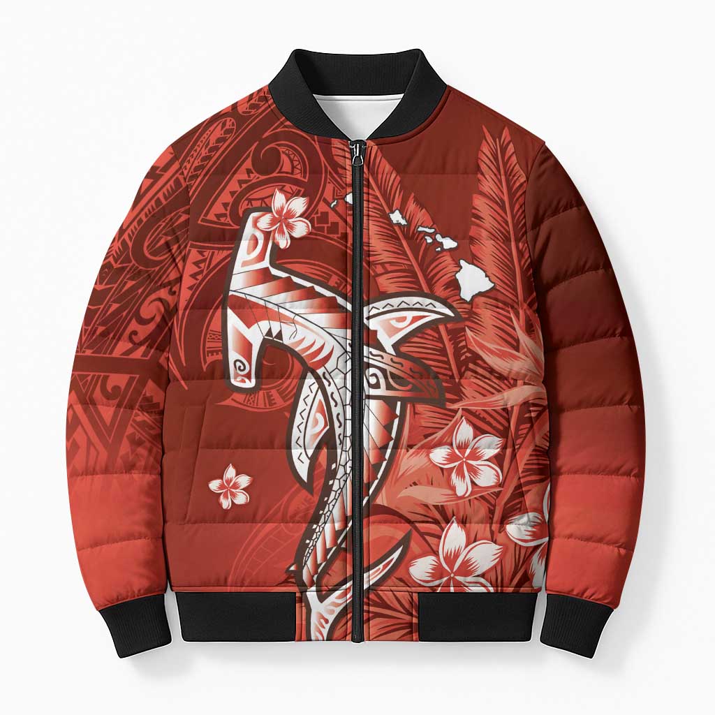 Personalized Hawaiian Maori Hammerhead Shark Bomber Puffer Jacket Ulaula Plumeria - Polynesian Pride
