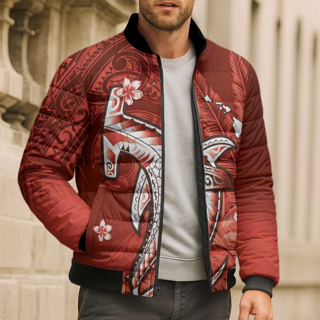 Personalized Hawaiian Maori Hammerhead Shark Bomber Puffer Jacket Ulaula Plumeria - Polynesian Pride