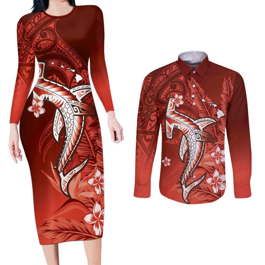 Personalized Hawaiian Maori Hammerhead Shark Couples Matching Long Sleeve Bodycon Dress and Long Sleeve Button Shirt Ulaula Plumeria LT9 Red - Polynesian Pride