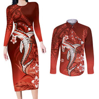 Personalized Hawaiian Maori Hammerhead Shark Couples Matching Long Sleeve Bodycon Dress and Long Sleeve Button Shirt Ulaula Plumeria LT9 Red - Polynesian Pride