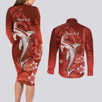 Personalized Hawaiian Maori Hammerhead Shark Couples Matching Long Sleeve Bodycon Dress and Long Sleeve Button Shirt Ulaula Plumeria LT9 - Polynesian Pride