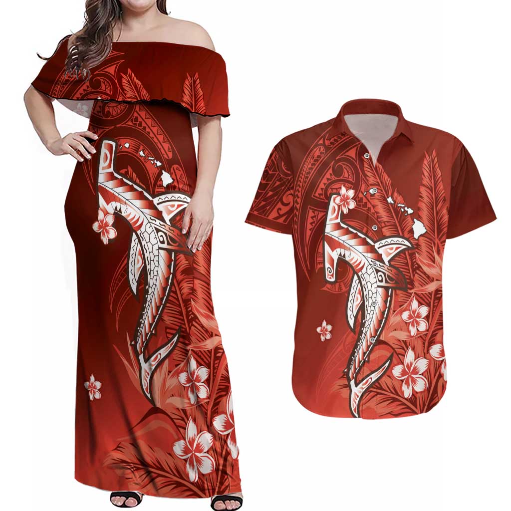 Personalized Hawaiian Maori Hammerhead Shark Couples Matching Off Shoulder Maxi Dress and Hawaiian Shirt Ulaula Plumeria LT9 Red - Polynesian Pride