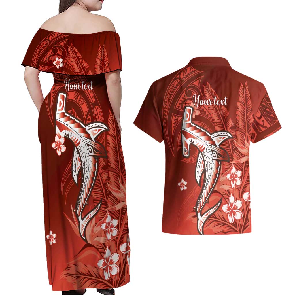 Personalized Hawaiian Maori Hammerhead Shark Couples Matching Off Shoulder Maxi Dress and Hawaiian Shirt Ulaula Plumeria LT9 - Polynesian Pride