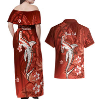 Personalized Hawaiian Maori Hammerhead Shark Couples Matching Off Shoulder Maxi Dress and Hawaiian Shirt Ulaula Plumeria LT9 - Polynesian Pride