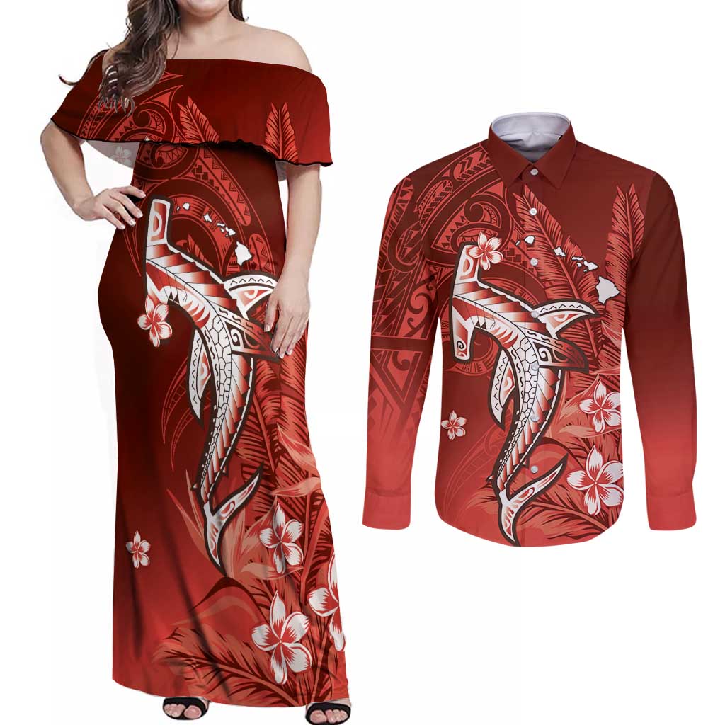 Personalized Hawaiian Maori Hammerhead Shark Couples Matching Off Shoulder Maxi Dress and Long Sleeve Button Shirt Ulaula Plumeria LT9 Red - Polynesian Pride