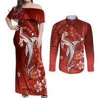 Personalized Hawaiian Maori Hammerhead Shark Couples Matching Off Shoulder Maxi Dress and Long Sleeve Button Shirt Ulaula Plumeria LT9 Red - Polynesian Pride