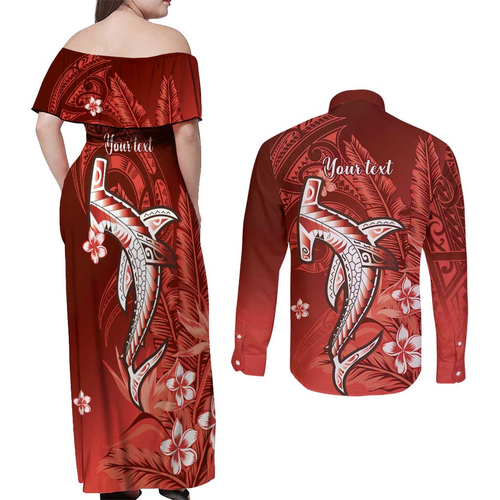 Personalized Hawaiian Maori Hammerhead Shark Couples Matching Off Shoulder Maxi Dress and Long Sleeve Button Shirt Ulaula Plumeria LT9 - Polynesian Pride