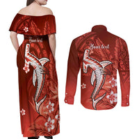 Personalized Hawaiian Maori Hammerhead Shark Couples Matching Off Shoulder Maxi Dress and Long Sleeve Button Shirt Ulaula Plumeria LT9 - Polynesian Pride
