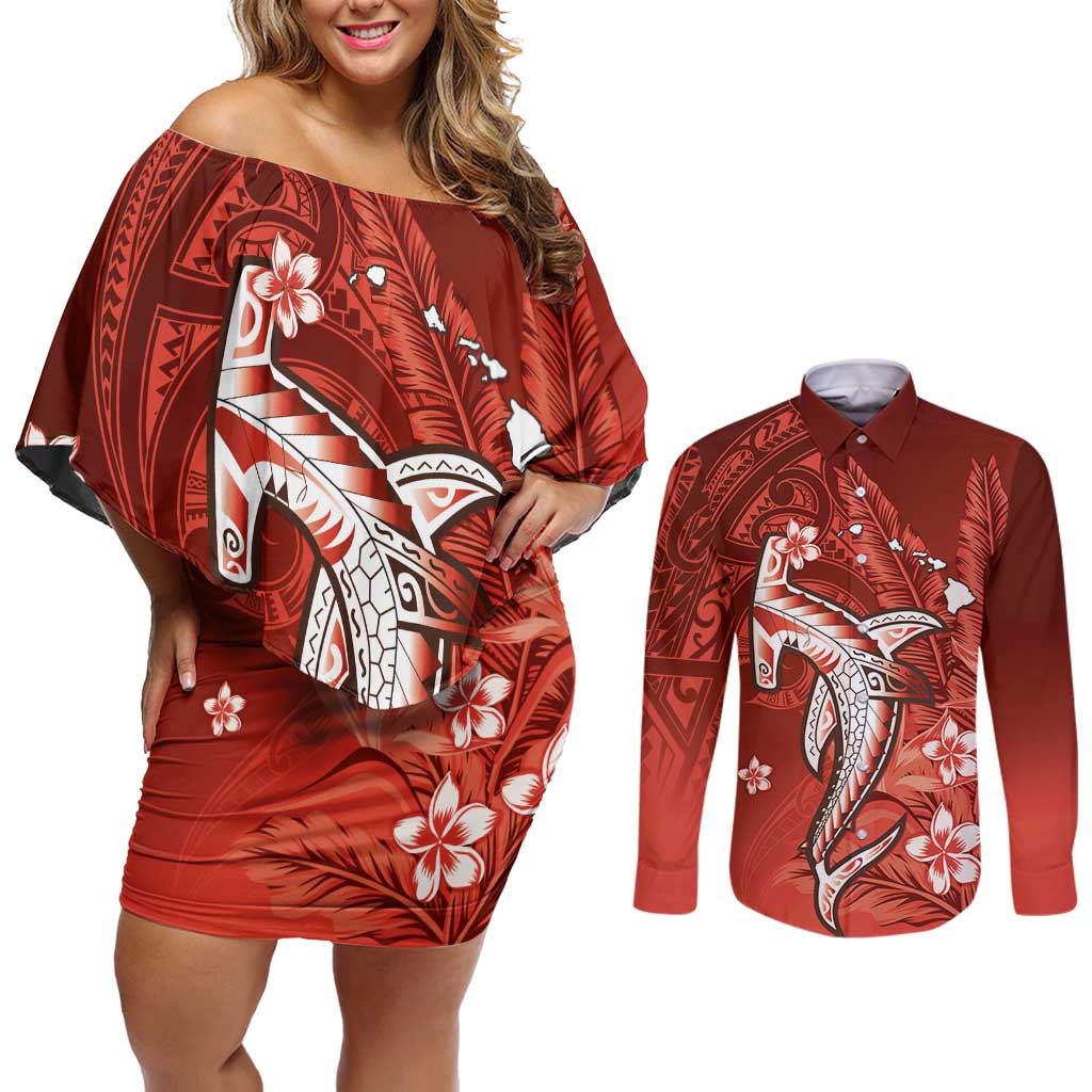 Personalized Hawaiian Maori Hammerhead Shark Couples Matching Off Shoulder Short Dress and Long Sleeve Button Shirt Ulaula Plumeria LT9 Red - Polynesian Pride