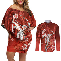 Personalized Hawaiian Maori Hammerhead Shark Couples Matching Off Shoulder Short Dress and Long Sleeve Button Shirt Ulaula Plumeria LT9 Red - Polynesian Pride