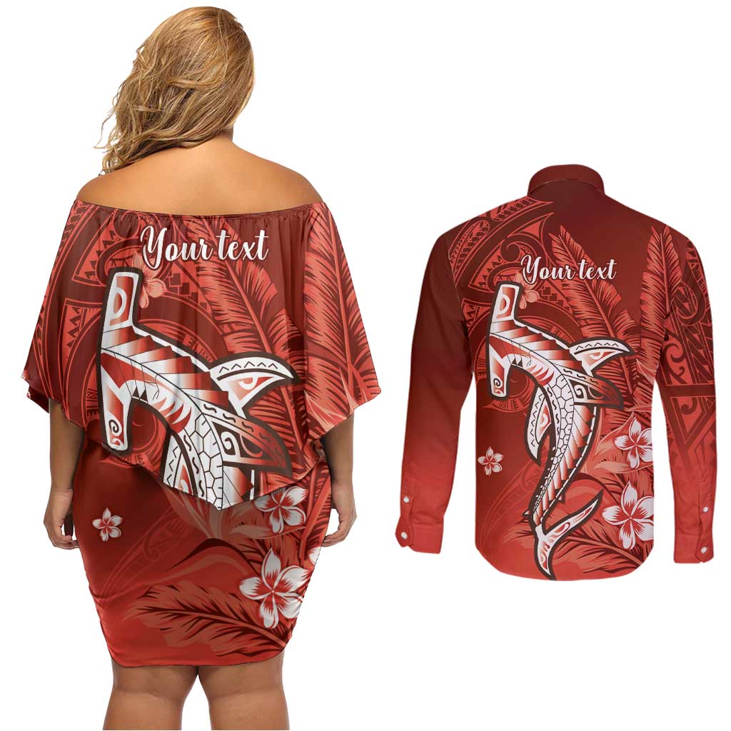 Personalized Hawaiian Maori Hammerhead Shark Couples Matching Off Shoulder Short Dress and Long Sleeve Button Shirt Ulaula Plumeria LT9 - Polynesian Pride