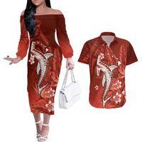 Personalized Hawaiian Maori Hammerhead Shark Couples Matching Off The Shoulder Long Sleeve Dress and Hawaiian Shirt Ulaula Plumeria LT9 Red - Polynesian Pride
