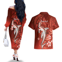 Personalized Hawaiian Maori Hammerhead Shark Couples Matching Off The Shoulder Long Sleeve Dress and Hawaiian Shirt Ulaula Plumeria LT9 - Polynesian Pride
