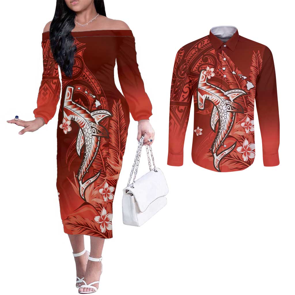 Personalized Hawaiian Maori Hammerhead Shark Couples Matching Off The Shoulder Long Sleeve Dress and Long Sleeve Button Shirt Ulaula Plumeria LT9 Red - Polynesian Pride