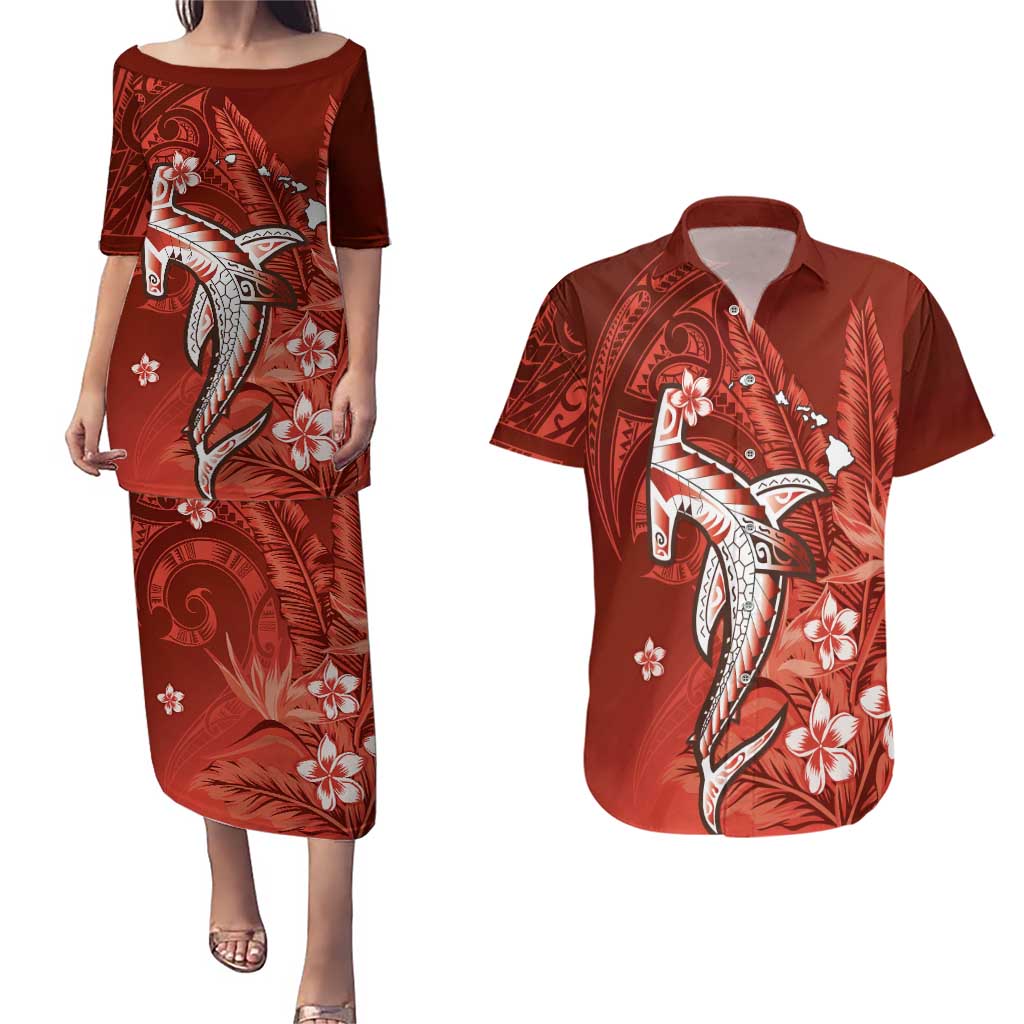 Personalized Hawaiian Maori Hammerhead Shark Couples Matching Puletasi and Hawaiian Shirt Ulaula Plumeria LT9 Red - Polynesian Pride