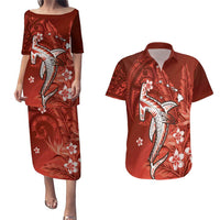 Personalized Hawaiian Maori Hammerhead Shark Couples Matching Puletasi and Hawaiian Shirt Ulaula Plumeria LT9 Red - Polynesian Pride