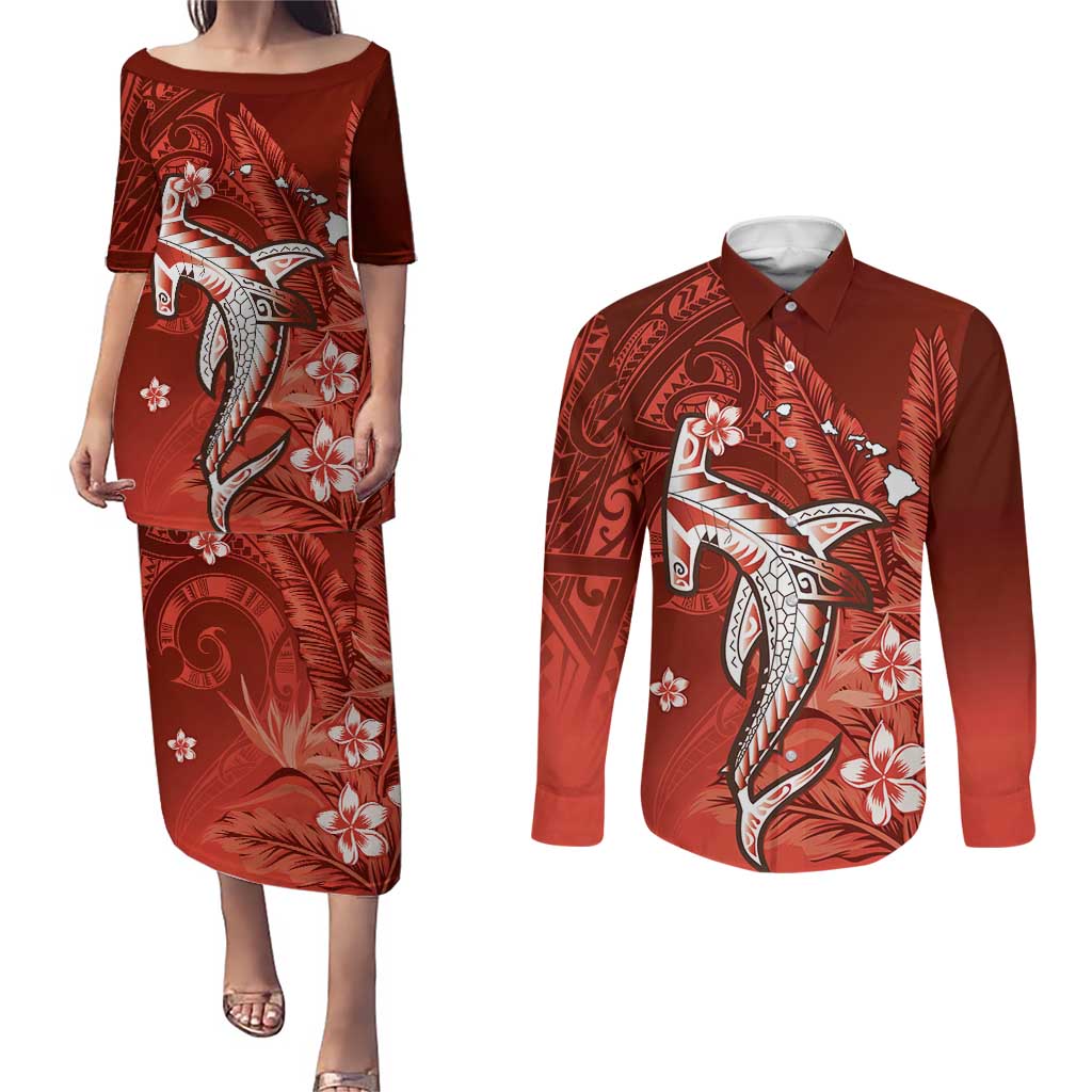 Personalized Hawaiian Maori Hammerhead Shark Couples Matching Puletasi and Long Sleeve Button Shirt Ulaula Plumeria LT9 Red - Polynesian Pride