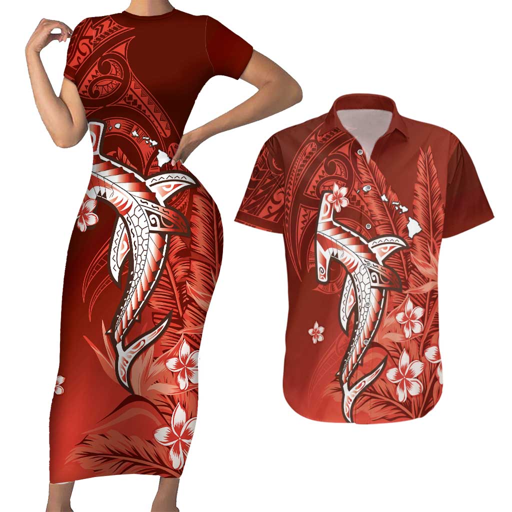 Personalized Hawaiian Maori Hammerhead Shark Couples Matching Short Sleeve Bodycon Dress and Hawaiian Shirt Ulaula Plumeria LT9 Red - Polynesian Pride