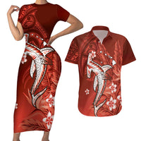 Personalized Hawaiian Maori Hammerhead Shark Couples Matching Short Sleeve Bodycon Dress and Hawaiian Shirt Ulaula Plumeria LT9 Red - Polynesian Pride