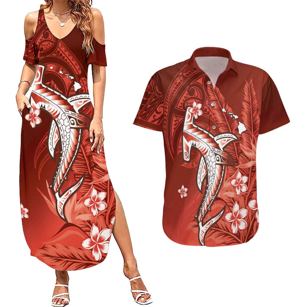Personalized Hawaiian Maori Hammerhead Shark Couples Matching Summer Maxi Dress and Hawaiian Shirt Ulaula Plumeria LT9 Red - Polynesian Pride