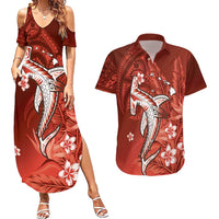 Personalized Hawaiian Maori Hammerhead Shark Couples Matching Summer Maxi Dress and Hawaiian Shirt Ulaula Plumeria LT9 Red - Polynesian Pride