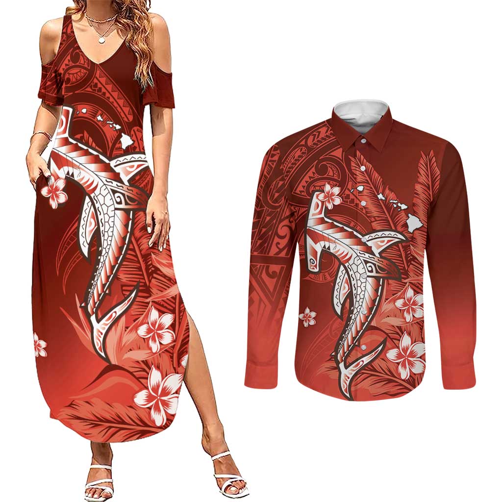 Personalized Hawaiian Maori Hammerhead Shark Couples Matching Summer Maxi Dress and Long Sleeve Button Shirt Ulaula Plumeria LT9 Red - Polynesian Pride