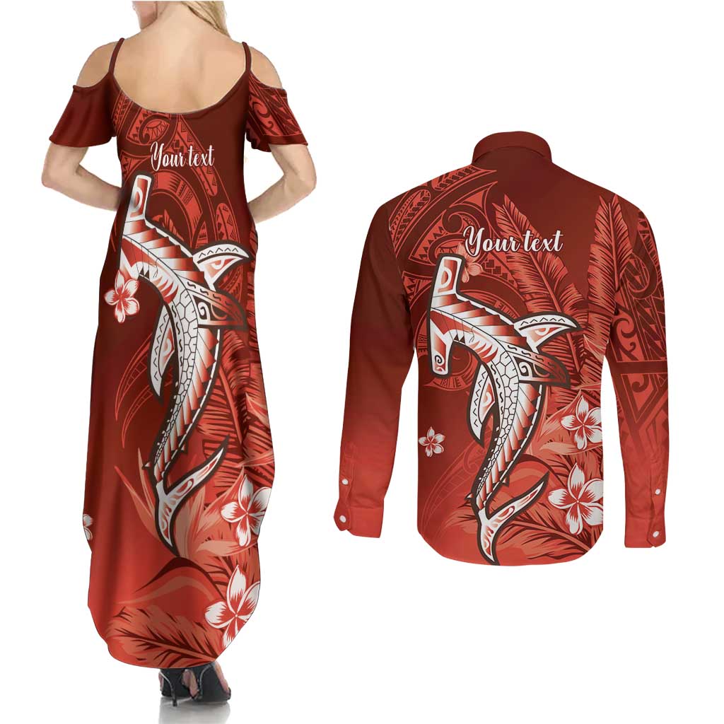Personalized Hawaiian Maori Hammerhead Shark Couples Matching Summer Maxi Dress and Long Sleeve Button Shirt Ulaula Plumeria LT9 - Polynesian Pride