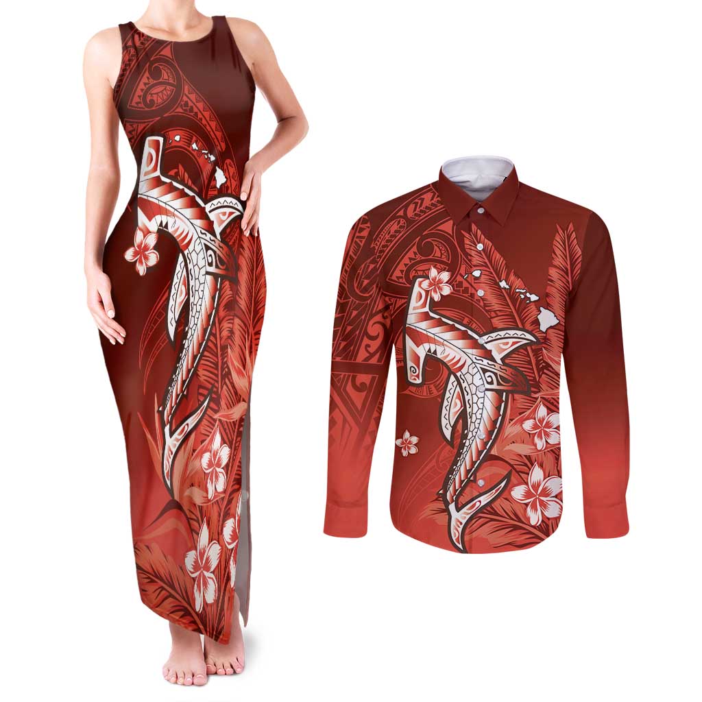 Personalized Hawaiian Maori Hammerhead Shark Couples Matching Tank Maxi Dress and Long Sleeve Button Shirt Ulaula Plumeria LT9 Red - Polynesian Pride