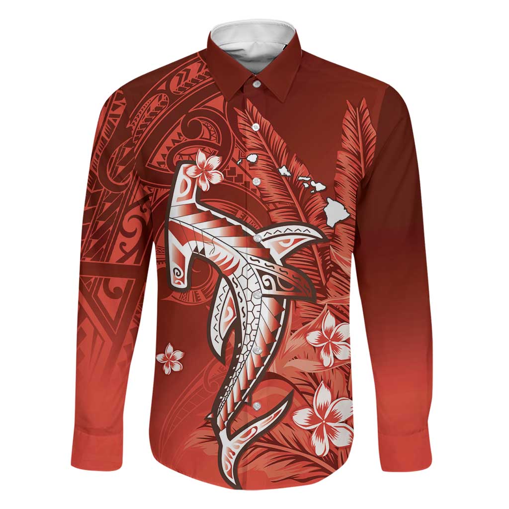 Personalized Hawaiian Maori Hammerhead Shark Family Matching Off The Shoulder Long Sleeve Dress and Hawaiian Shirt Ulaula Plumeria LT9 Dad's Shirt - Long Sleeve Red - Polynesian Pride