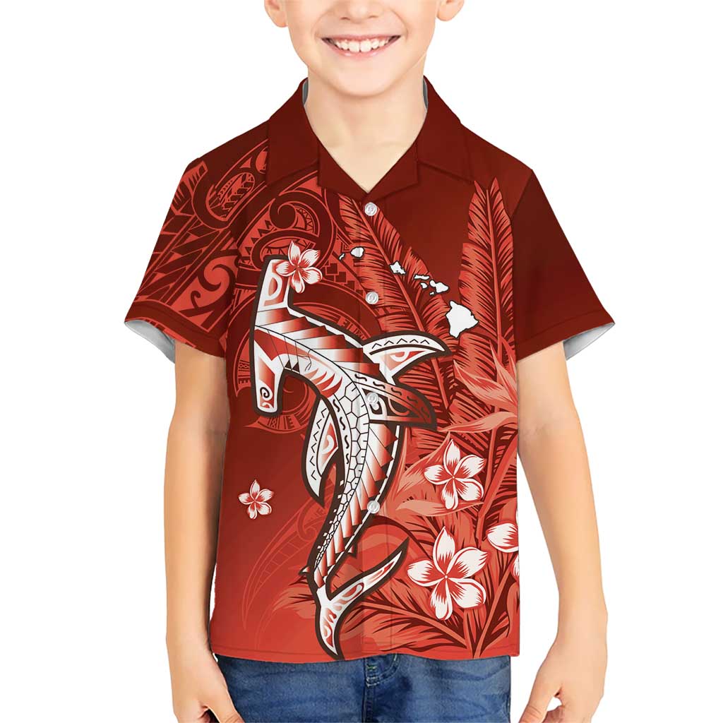 Personalized Hawaiian Maori Hammerhead Shark Family Matching Off Shoulder Maxi Dress and Hawaiian Shirt Ulaula Plumeria LT9 Son's Shirt Red - Polynesian Pride