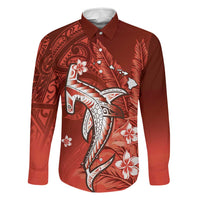 Personalized Hawaiian Maori Hammerhead Shark Family Matching Off Shoulder Short Dress and Hawaiian Shirt Ulaula Plumeria LT9 Dad's Shirt - Long Sleeve Red - Polynesian Pride