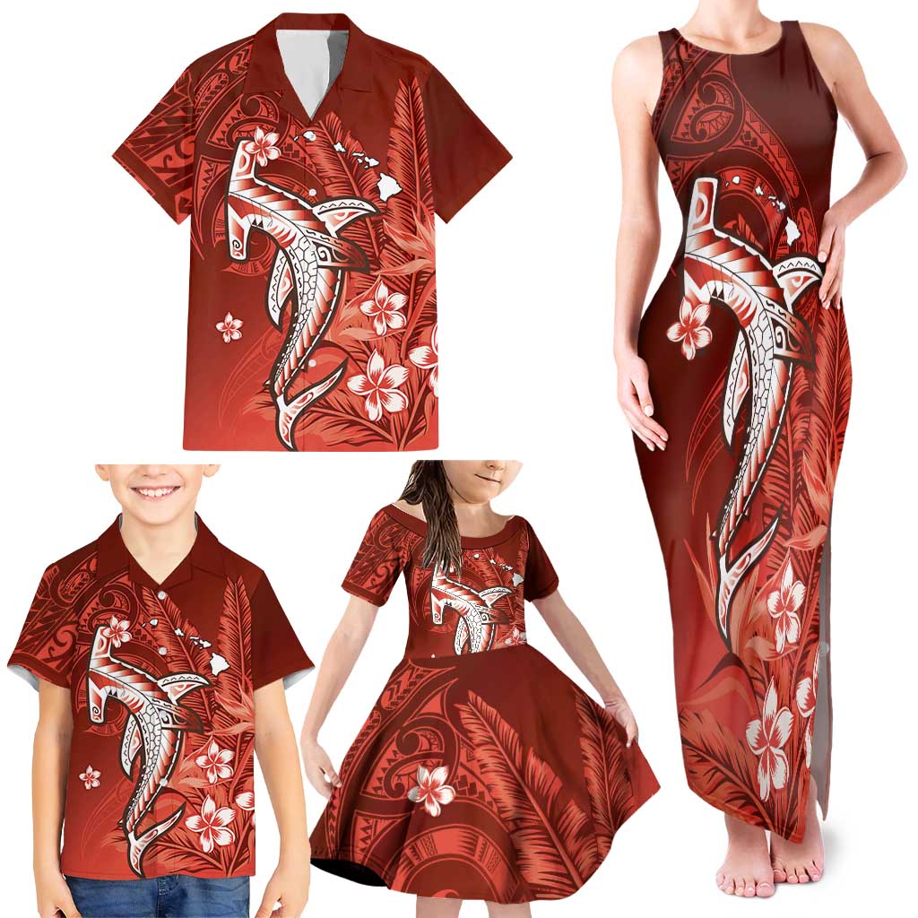 Personalized Hawaiian Maori Hammerhead Shark Family Matching Tank Maxi Dress and Hawaiian Shirt Ulaula Plumeria LT9 - Polynesian Pride