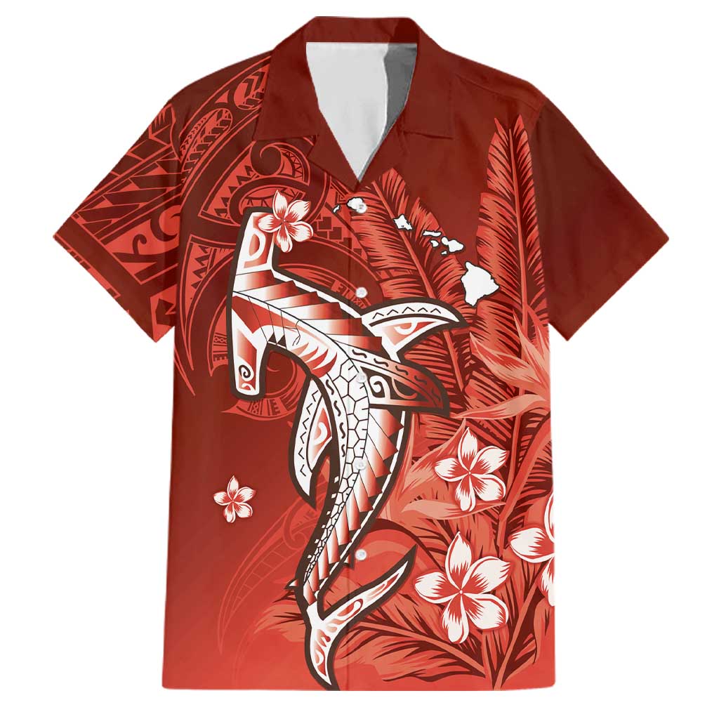 Personalized Hawaiian Maori Hammerhead Shark Family Matching Tank Maxi Dress and Hawaiian Shirt Ulaula Plumeria LT9 Dad's Shirt - Short Sleeve Red - Polynesian Pride