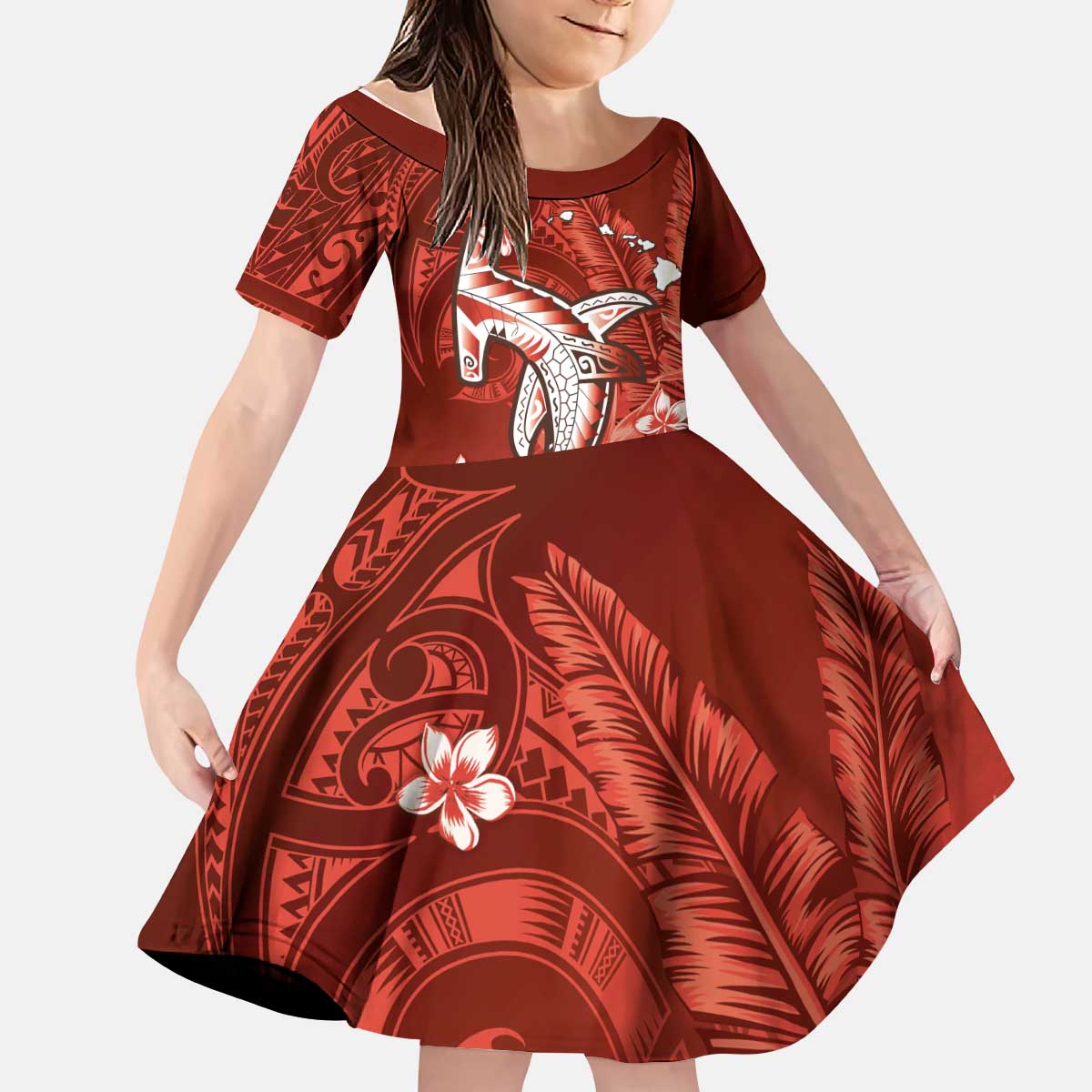 Personalized Hawaiian Maori Hammerhead Shark Kid Short Sleeve Dress Ulaula Plumeria LT9 KID Red - Polynesian Pride