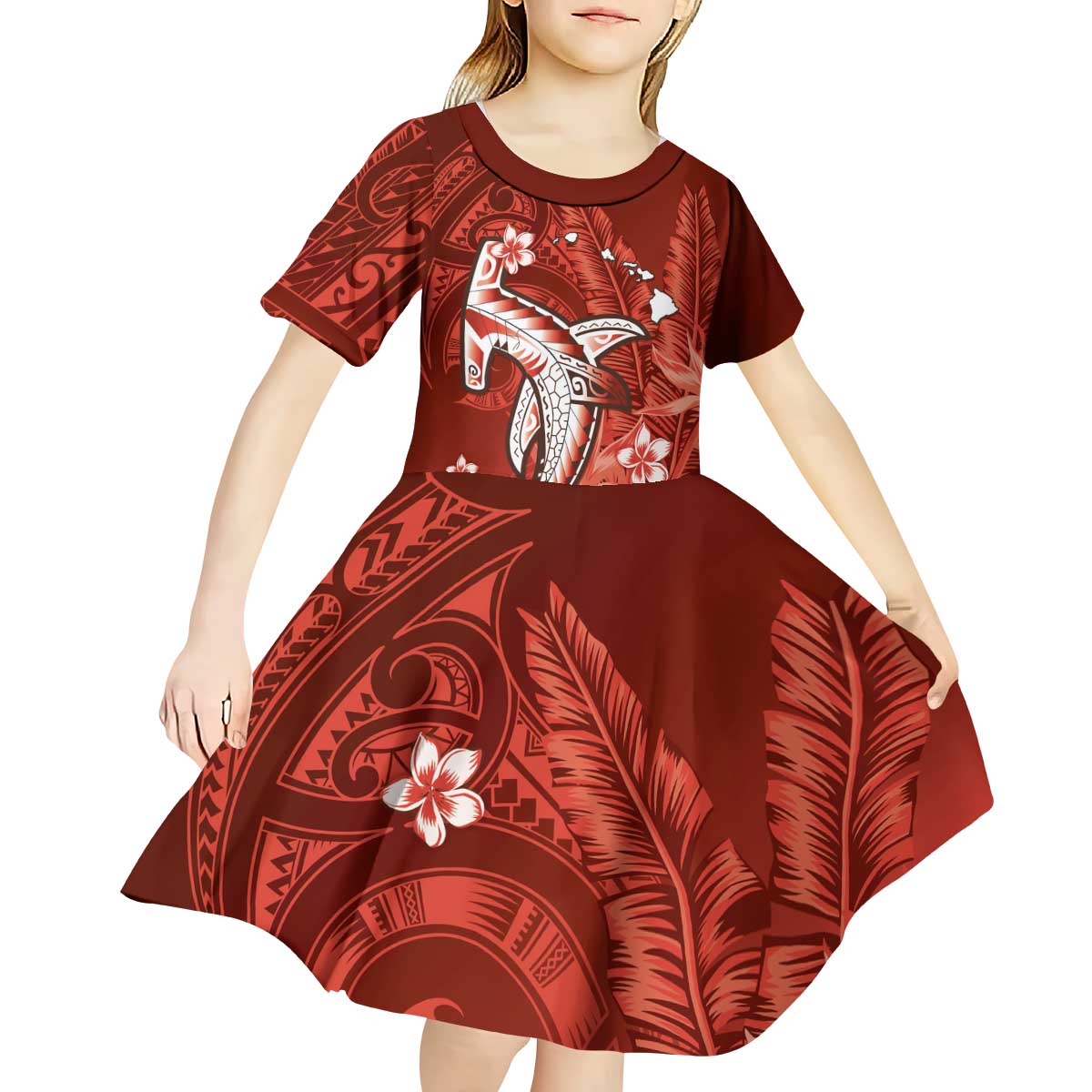 Personalized Hawaiian Maori Hammerhead Shark Kid Short Sleeve Dress Ulaula Plumeria LT9 - Polynesian Pride