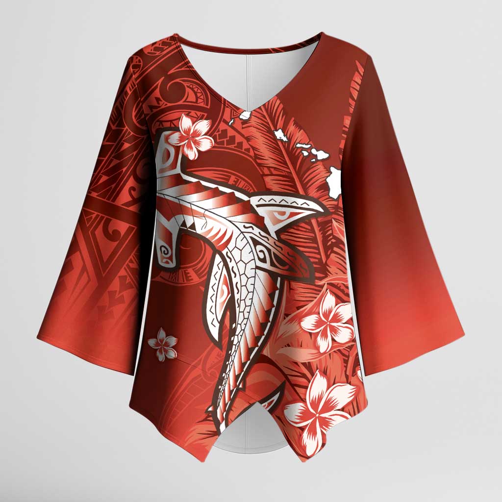 Personalized Hawaiian Maori Hammerhead Shark Kimono Sleeve Blouse Ulaula Plumeria - Polynesian Pride
