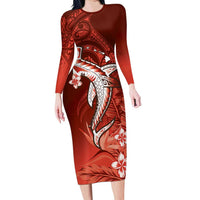 Personalized Hawaiian Maori Hammerhead Shark Long Sleeve Bodycon Dress Ulaula Plumeria LT9 Long Dress Red - Polynesian Pride