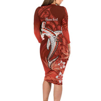 Personalized Hawaiian Maori Hammerhead Shark Long Sleeve Bodycon Dress Ulaula Plumeria LT9 - Polynesian Pride