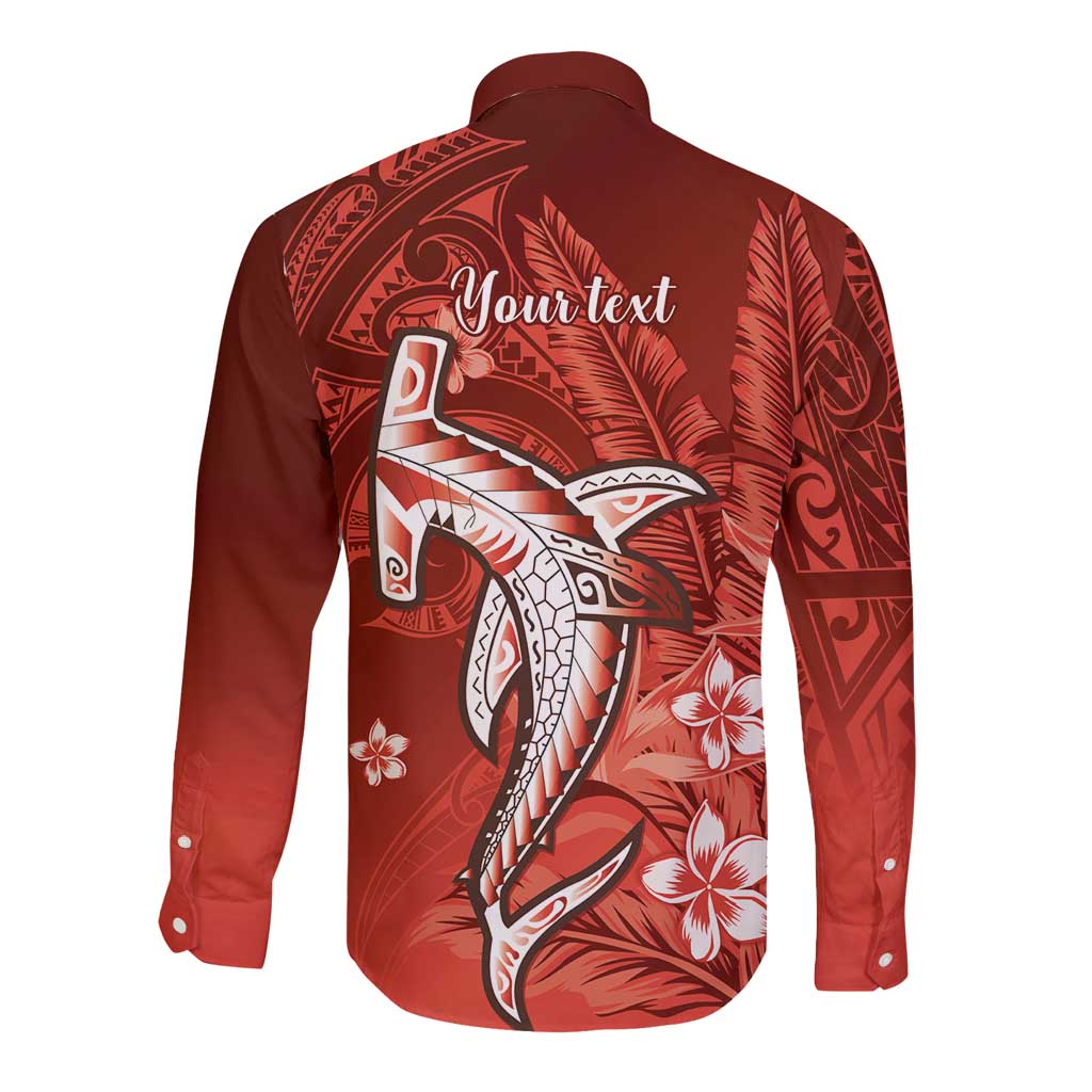 Personalized Hawaiian Maori Hammerhead Shark Long Sleeve Button Shirt Ulaula Plumeria - Polynesian Pride