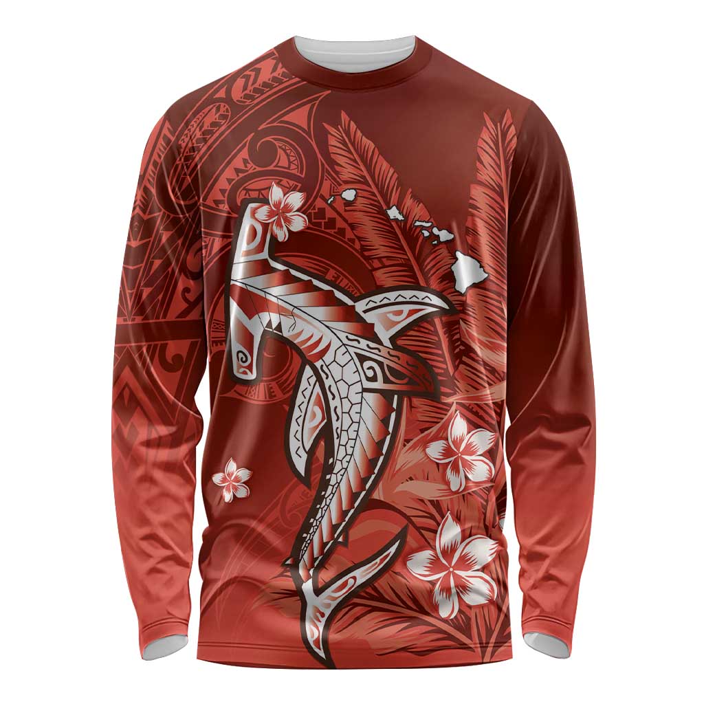 Personalized Hawaiian Maori Hammerhead Shark Long Sleeve Shirt Ulaula Plumeria LT9 Unisex Red - Polynesian Pride