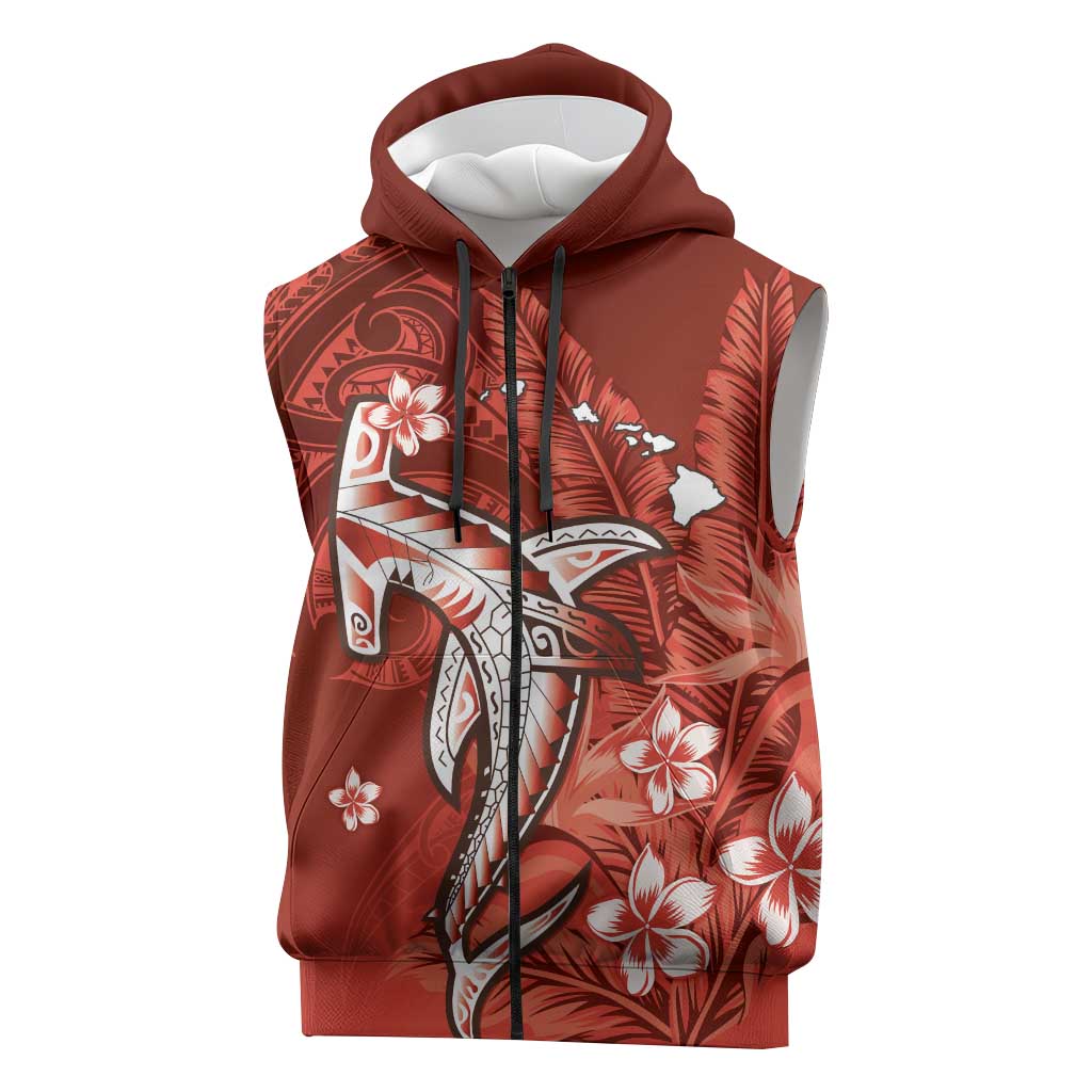 Personalized Hawaiian Maori Hammerhead Shark Sleeveless Zip Hoodie Ulaula Plumeria LT9 Red - Polynesian Pride